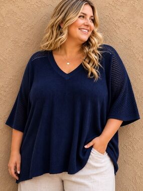 NWT Organic Cotton | Navy Open Knit V-Neck Sweater | Plus 3X